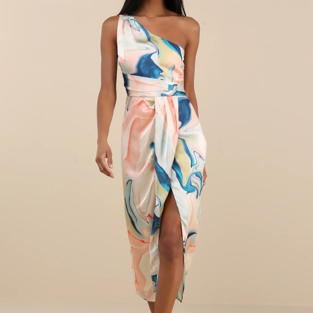 Lulu's Rema Elegant One-Shoulder Multicolor Watercolor Dress - Picture 5 of 5